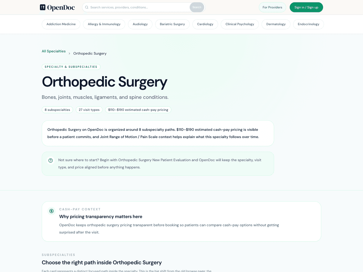 OpenDoc specialty landing page with specialty overview, pricing context, and next-step guidance.