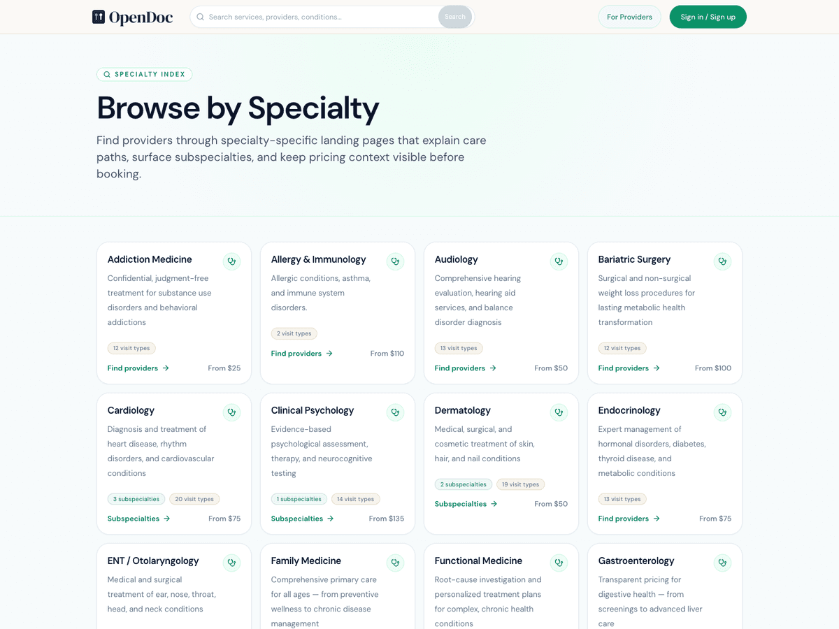 OpenDoc specialty index showing searchable specialty cards and upfront pricing context.