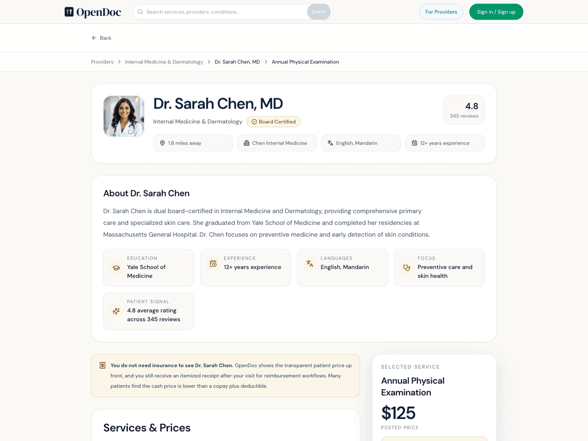 OpenDoc provider page showing provider details, selected service, and posted price before booking.